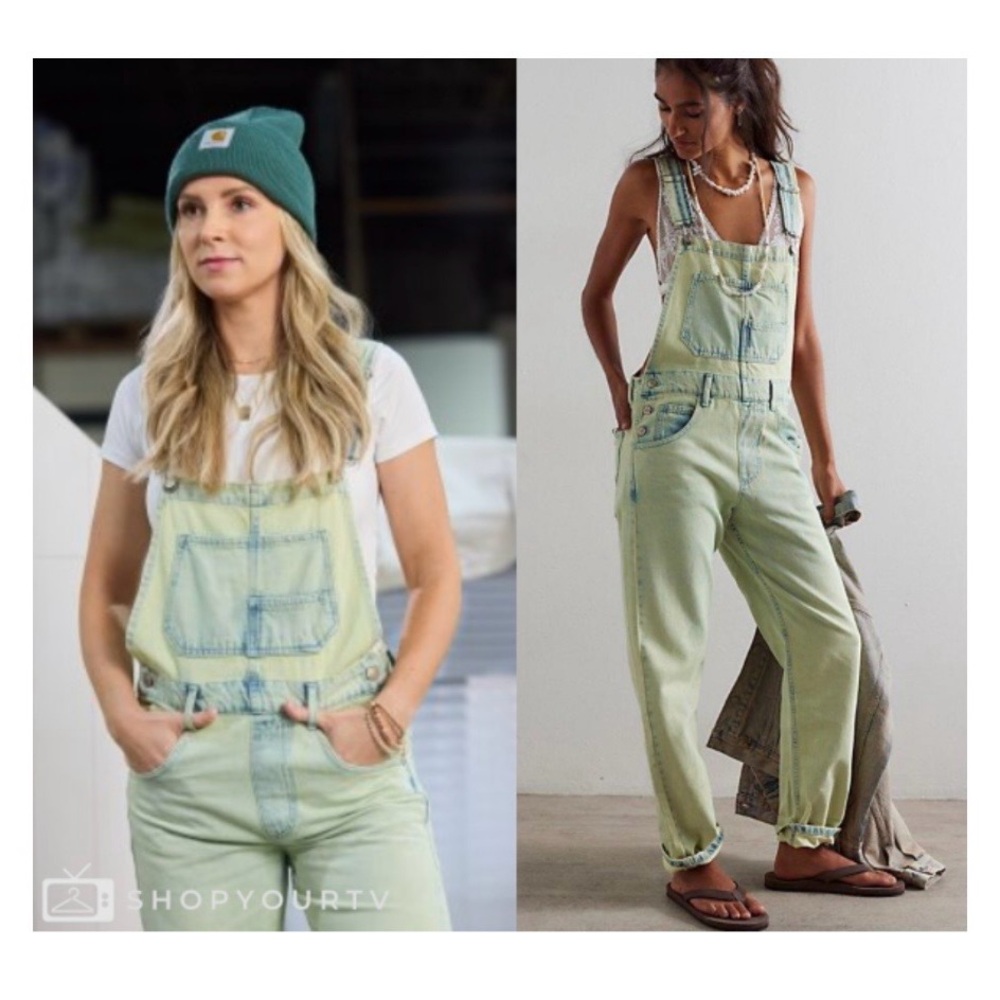 We The Free Light Green Washed Denim Overalls Jumpsuit